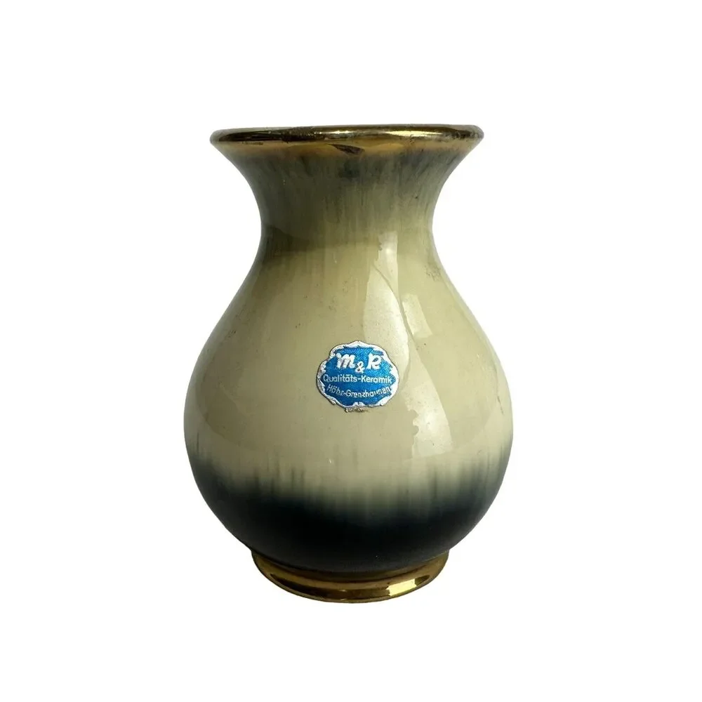 m&r west Germany art pottery vase 8010 Small 4 In. Metallic Gold Drip Graze